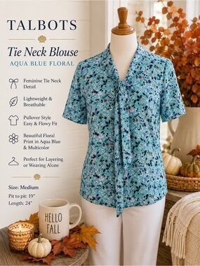 Talbots Floral Tie Neck Blouse Size M Aqua Blue Cottagecore Coastal